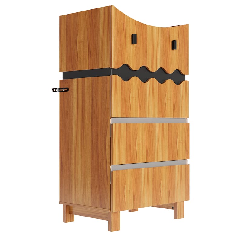 Modern Wave-Front 4-Drawer Dresser with Acrylic Panels, Wood Grain & Black Storage Cabinet Chest Cabinet