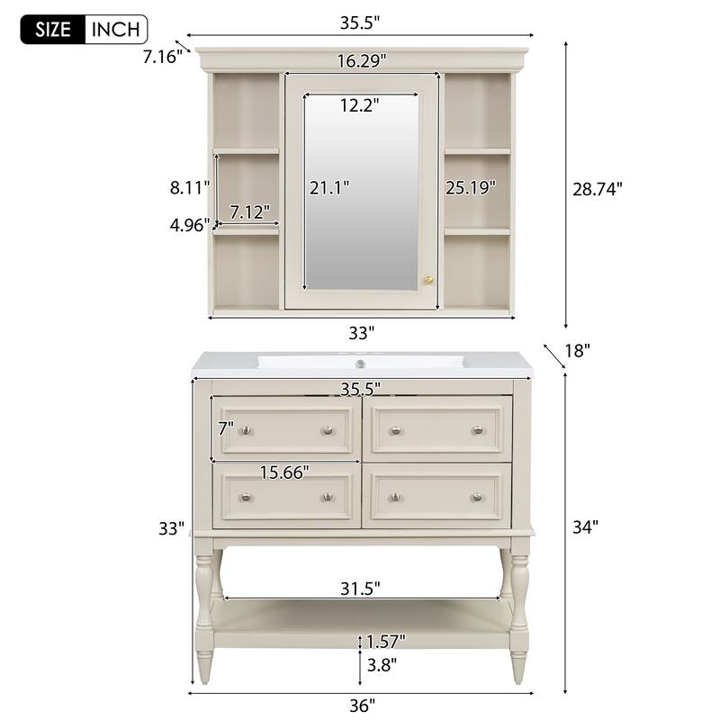 Modern Bathroom Vanity Set with Adjustable Shelf, 4 Drawers & Medicine Cabinet