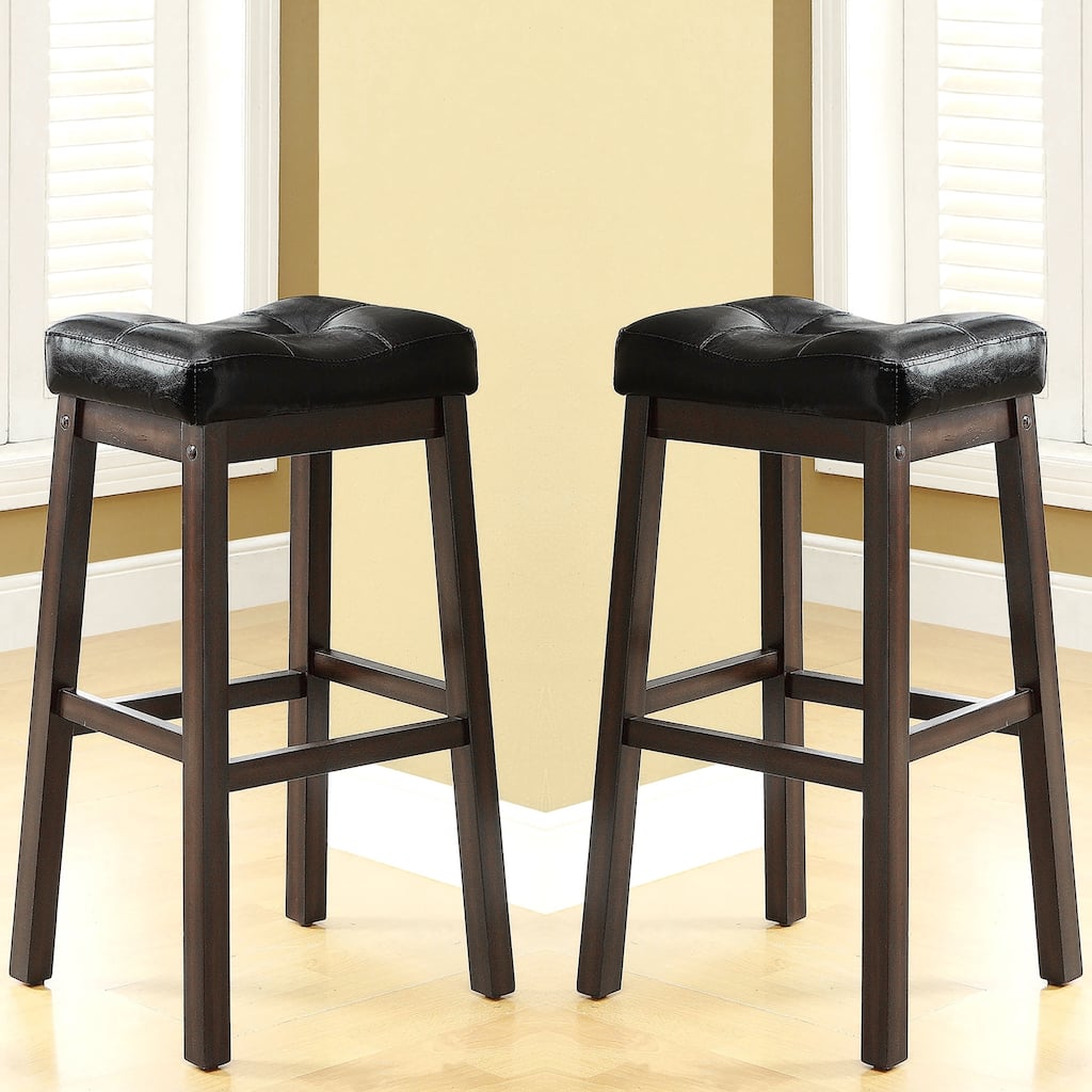 Classic Tufted Black Leatherette Wood Base Bar Stools (Set of 2)