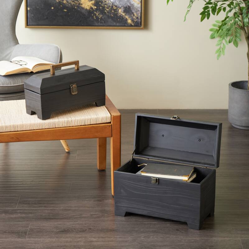 Black Wood Handmade Decorative Box with Brass Latches and Handle (Set of 2) - Black