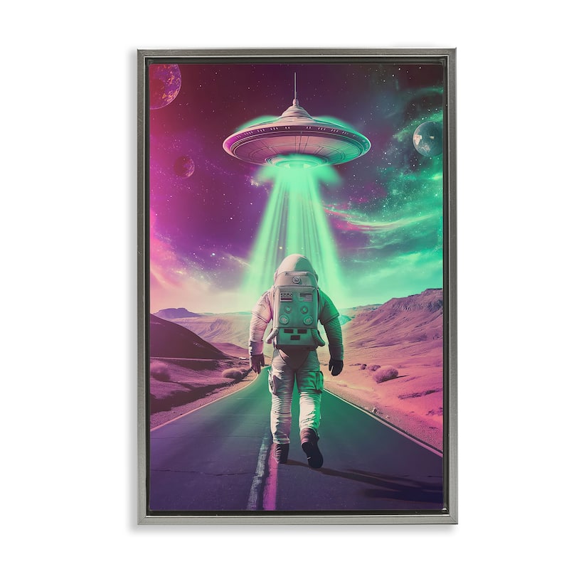 Stupell Astronaut Walking Toward UFO Framed Floater Canvas Wall Art Design By Wumples - 21 x 31 - Grey