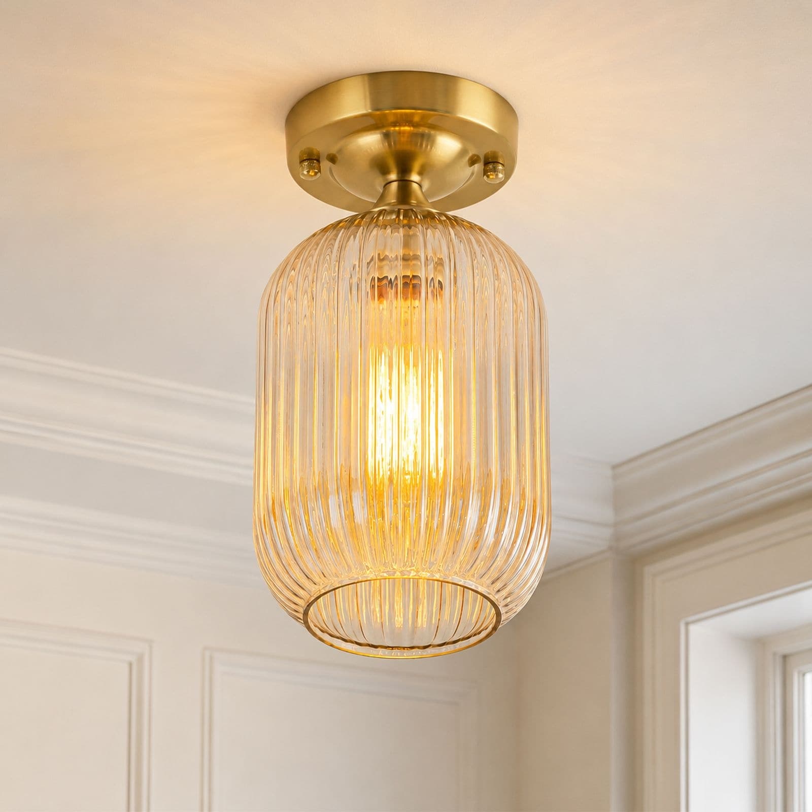 1-Light Modern Gold Amber Ribbed Glass Drum Flush Mount Ceiling Light with Brass Finish