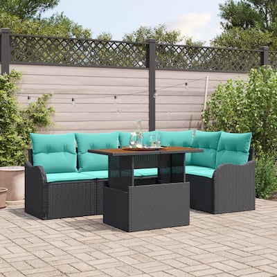 vidaXL 6 Piece Garden Sofa Set with Cushions Black Poly Rattan - 91.5×48.2×27.2