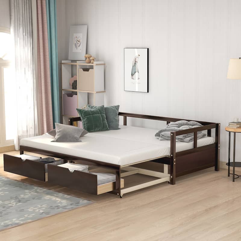Pine Wood Daybed with Pull-Out Trundle and Two Storage Drawers, Twin to King