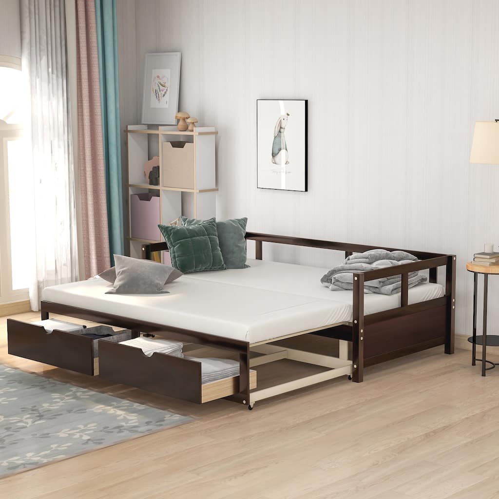 Pine Wood Daybed with Pull-Out Trundle and Two Storage Drawers, Twin to King