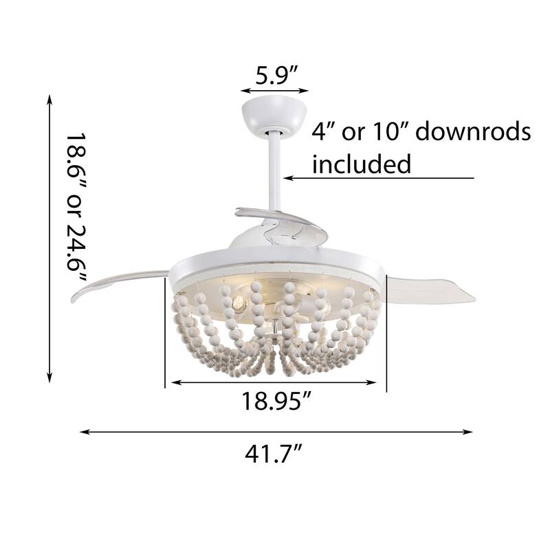 42" Farmhouse Foldable 3-Blade Wood Beaded Fandelier Ceiling Fan with Remote