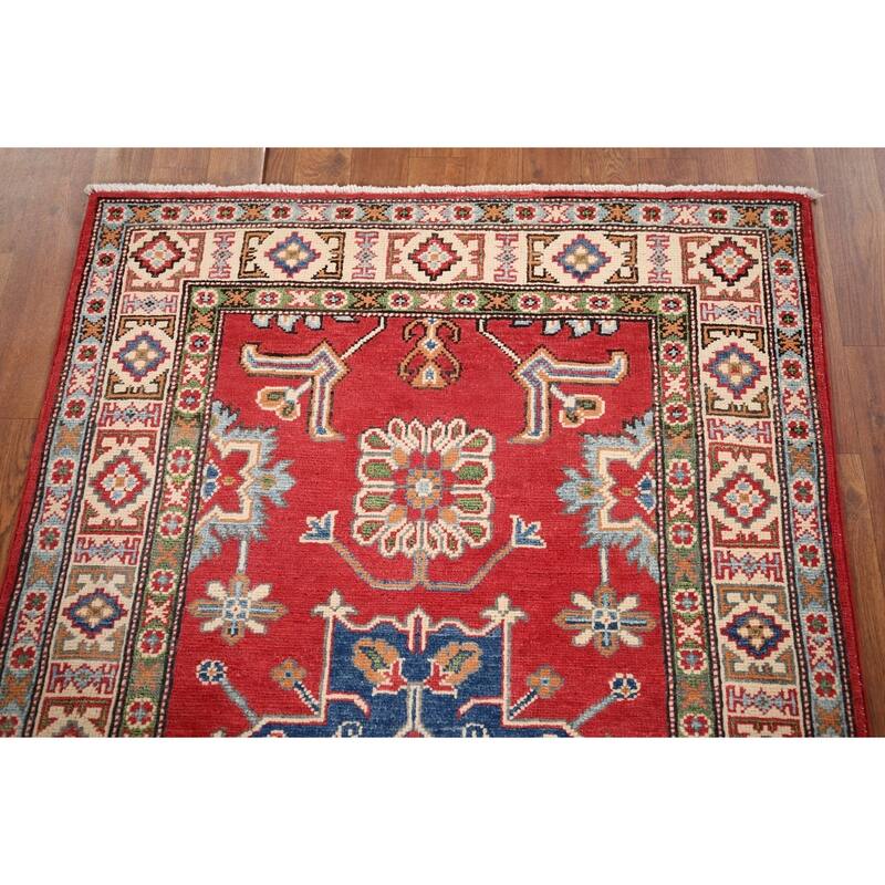 Geometric Red Kazak Oriental Accent Rug Handmade Wool Carpet - 3'4" x 5'0"