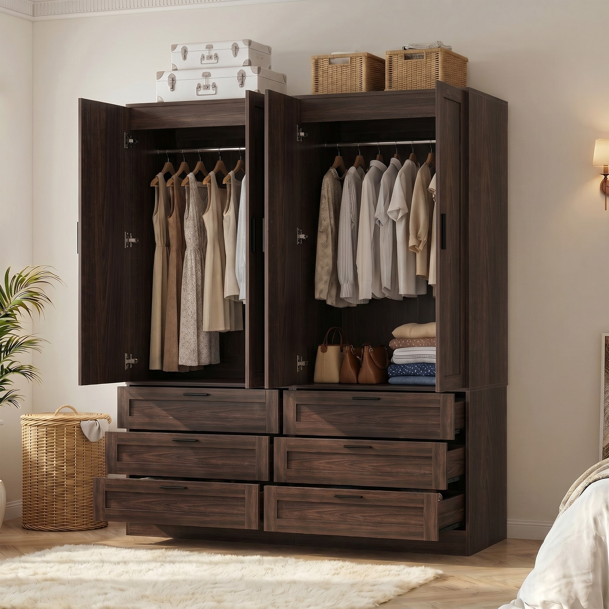 Bedroom Armoire Closet System, Freestanding Wardrobe Storage Organizer with Hanging Space and 3 Drawers