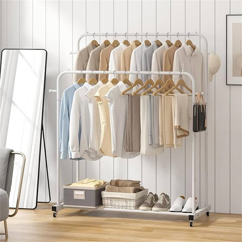 Double Rods Garment Rack with Wheels - 16.73"D x 39.76"W x 66.55"H - White