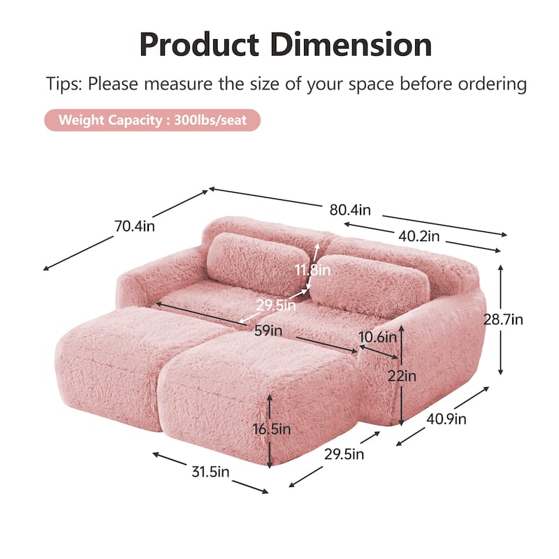 Roomfitters 80" Soft Plush Boneless Sofa with Chaise, No Assembly 32D Sponge Couch