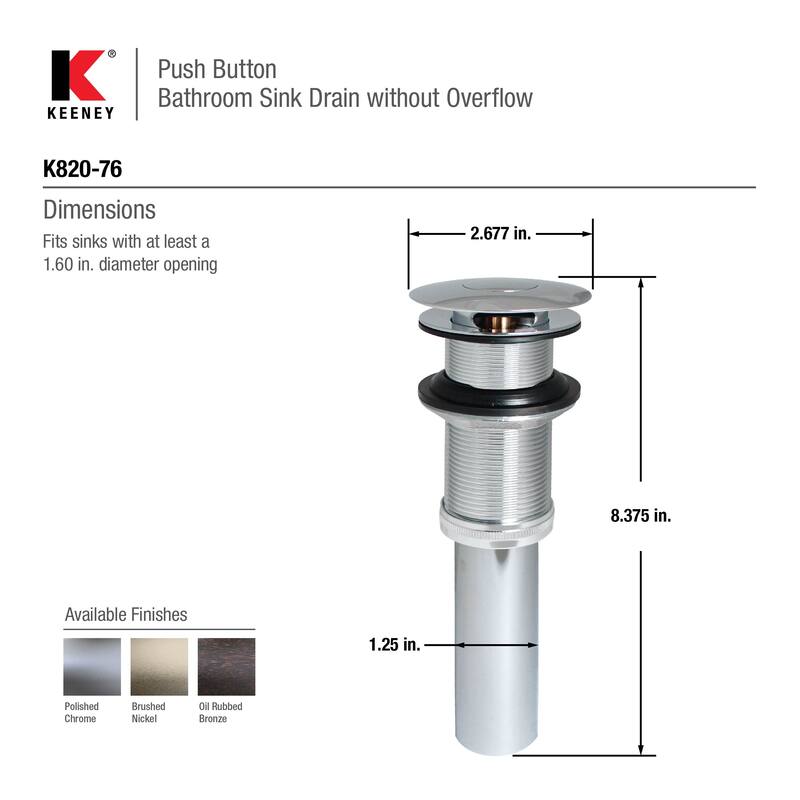 Keeney Push Button Bathroom Sink Drain without Overflow - N/A