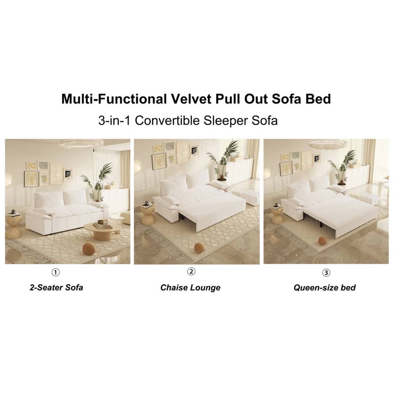 Multi-Functional 63.8" Queen Pull Out Sofa Bed with Side Storage and Wheels - 3-in-1 Convertible Sleeper Sofa