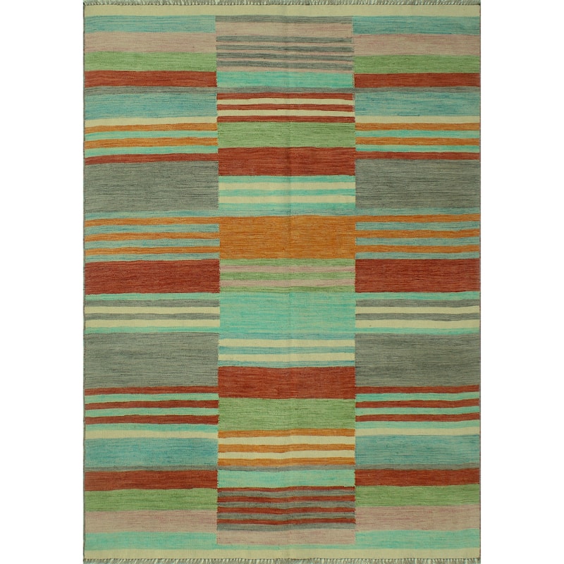 Hand-Woven Winchester Kilim Austin Grey/Rust Rug - 5'4" x 7'9"