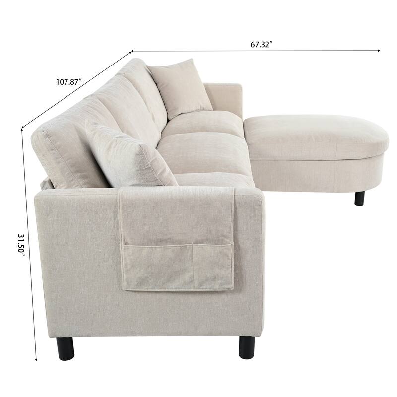 Beige 107.87" 4-Seater Sectional Sofa with Removable Cushions, Movable Ottoman, and Storage Armrest Bag