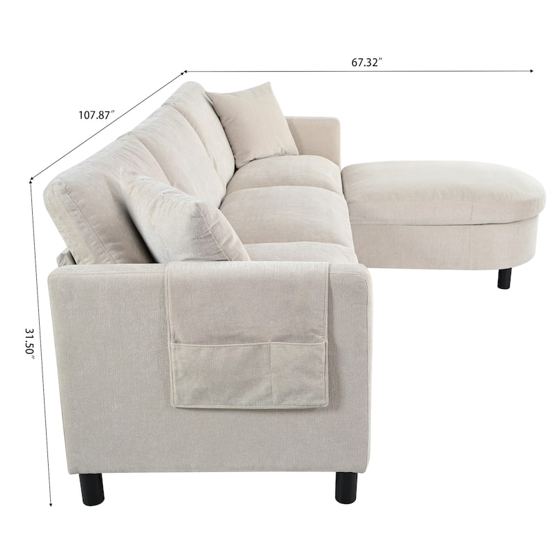 Beige 107.87" 4-Seater Sofa with Movable Ottoman & Storage