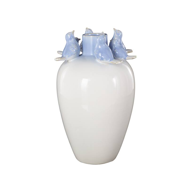 White Ceramic Bird Decorative Vase with Blue Accents