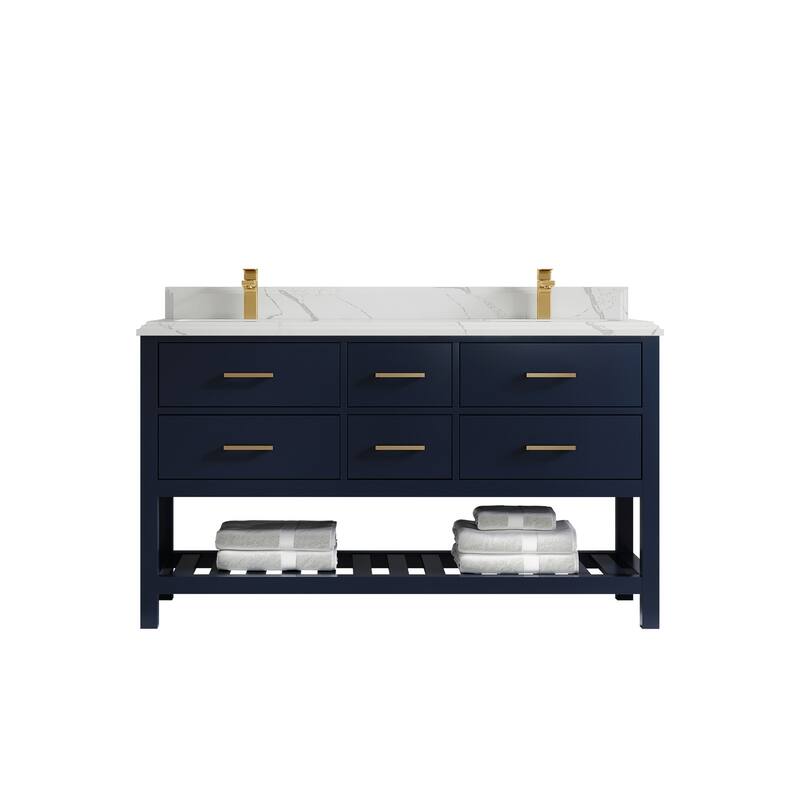 Willow Collections 60 in. W x 22 in. D Parker Double Sink Bathroom Vanity with Countertop - 1.5" Calacatta - Navy Blue
