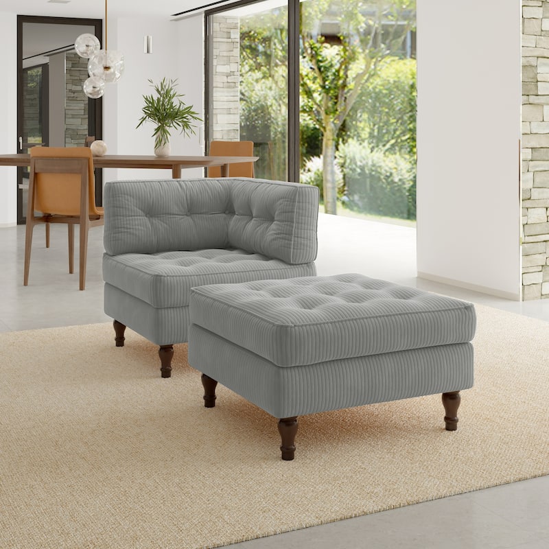 Corduroy Tufted Accent Chair Armchair and Ottoman Set - Light Grey
