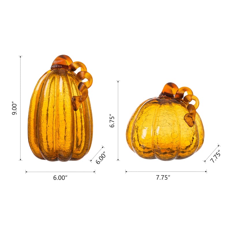 Glitzhome Amber Crackle Handblown Glass Pumpkins for Fall Harvest Decorating