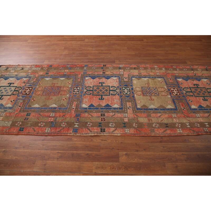 Geometric Ardebil Persian Vintage Runner Rug Hand-knotted Wool Carpet - 3'6" x 10'0"