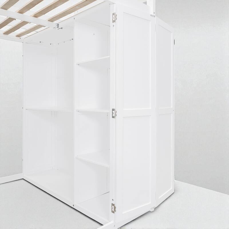Full Size Loft Bed with Wardrobe, Desk, Shelves, and Foldable Doors for Extra Storage