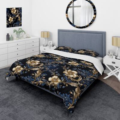 Designart "Cobalt Blue Gilded Victorian Pattern I" Blue Cottage Bedding Cover Set With 2 Shams