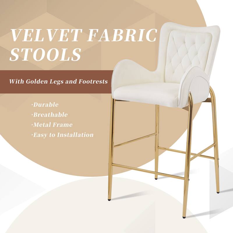 Roomfitters 28.75" Counter Height Bar Stools Set of 2, Tufted Velvet Bar Height Arm Chairs with Golden Legs and Footrests