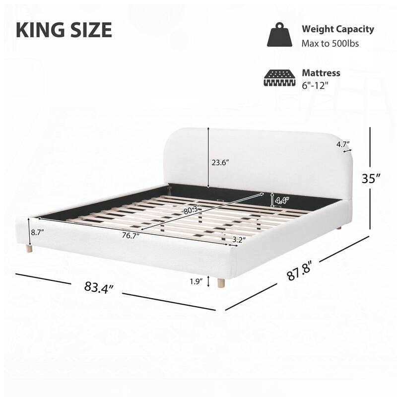 Boucle Fabric Upholstered Platform Bed with Curve-Shaped Design Headboard