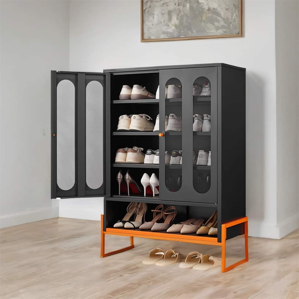 Modern Metal Shoe Cabinet with Adjustable Mesh Doors and High Foot