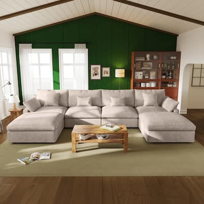Oversized Linen Sectional Sofa Down Filled U-Shaped Couch for Living Room Set