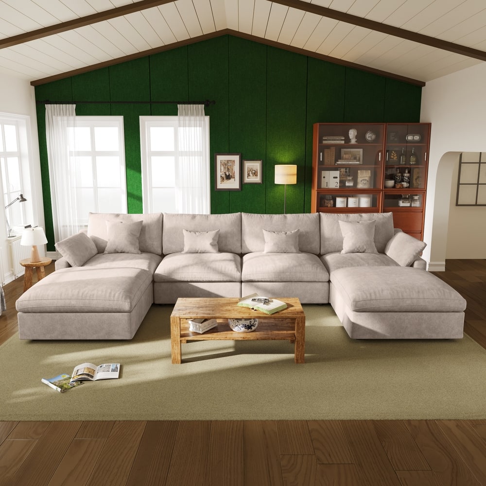 Oversized Linen Sectional Sofa Down Filled U-Shaped Couch for Living Room Set