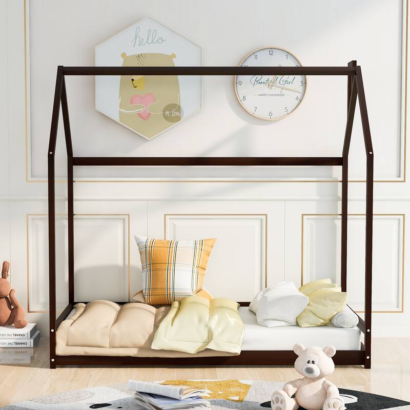 Twin Size House Bed with Roof, Playhouse Design, and Pinewood Frame - Espresso