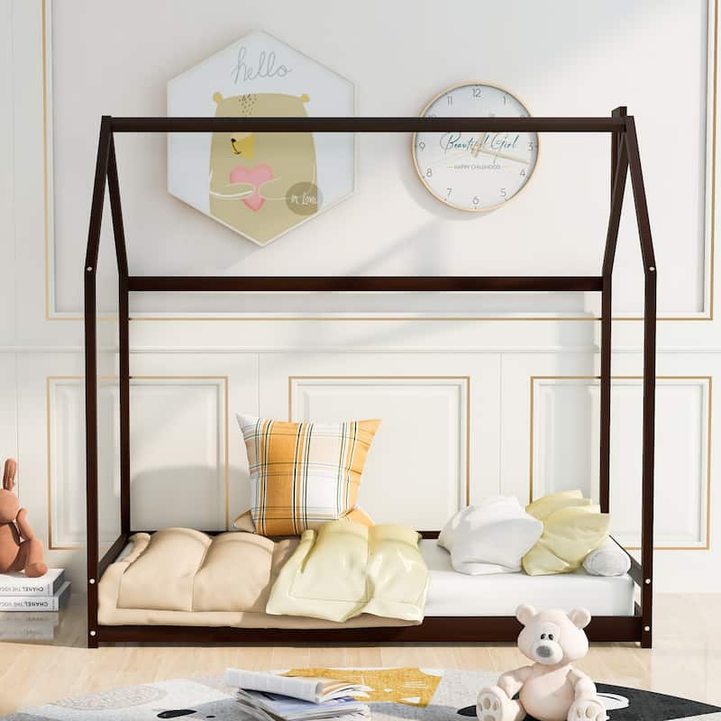 Wooden Twin/Full Size House Bed for Kids, Playhouse Design with Roof, Perfect for Sleep & Play