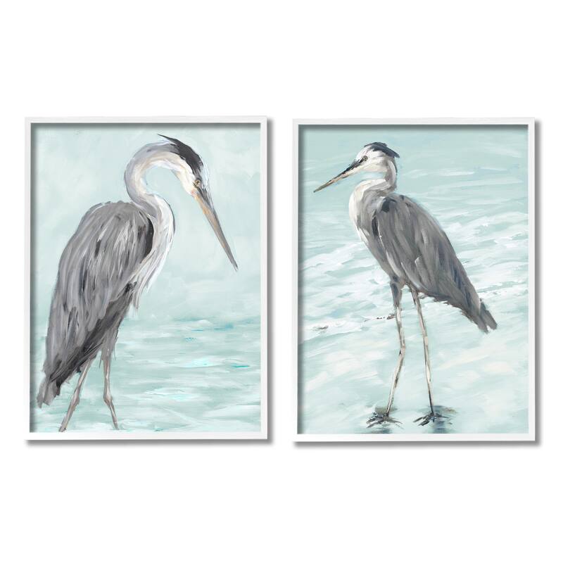 Stupell Heron Birds Standing Shallow Beach Water Coastal Waves 2pc Multi Piece Framed Wall Art Set - 24 x 30 - White