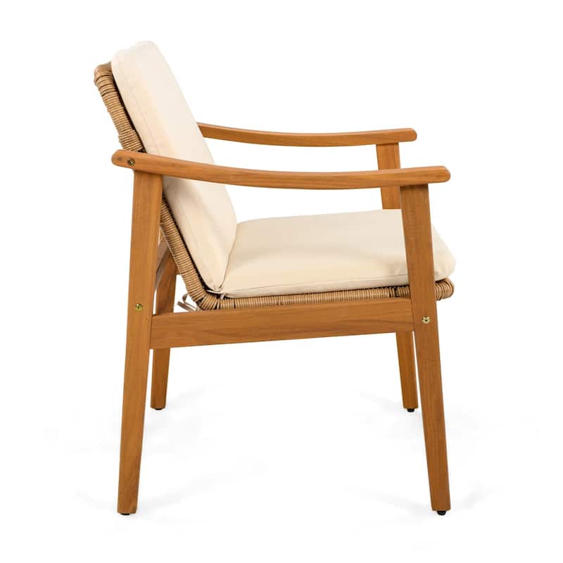 Set of 2 Outdoor Acacia Wood and Wicker Dining Chairs with Cushions