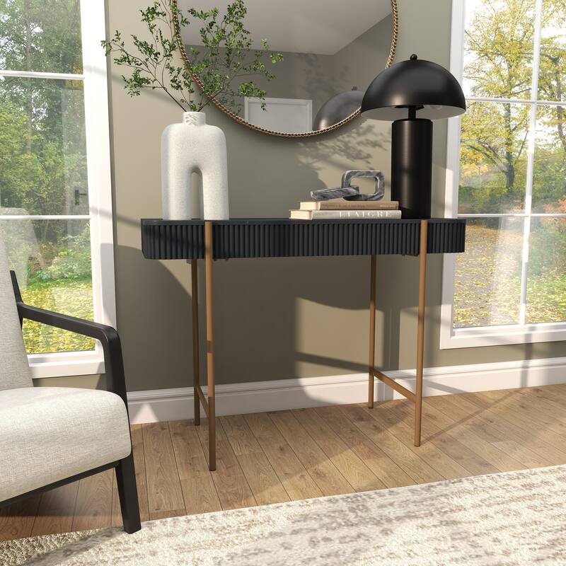 Black Wooden Rounded Rectangular Ribbed Living Room Console Table with Gold Metal Legs