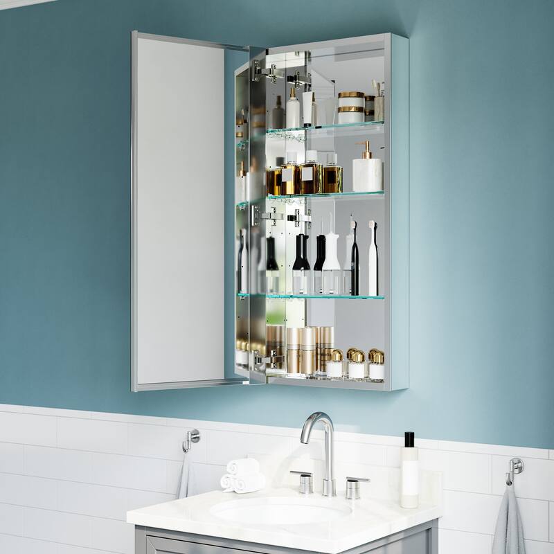 16x36" Tri-View Mirrored Medicine Cabinet with Soft-Close Blum Hinges, Reversible Door, Recessed/Surface Mount, Aluminum Body