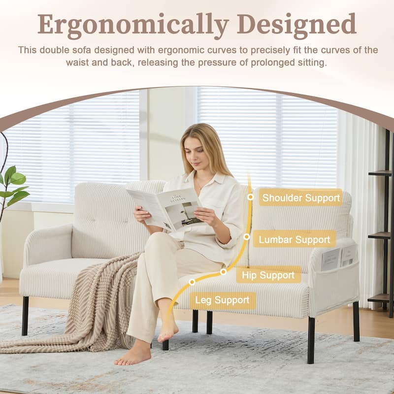HOMEFUN Corduroy Upholstered Oversized Wood Frame Loveseat Sofa with Metal Legs and Side Pockets