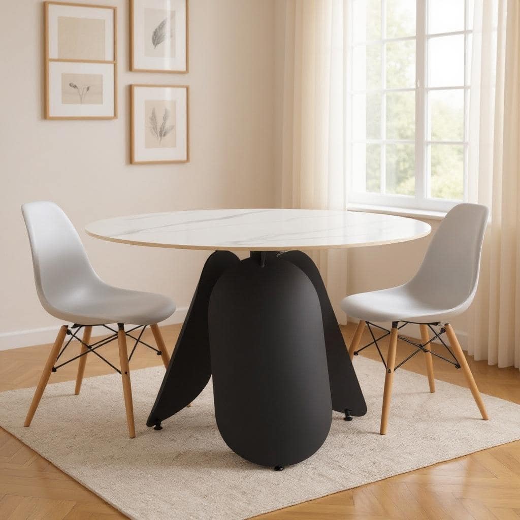 HomeRoots 48" White and Black Faux Marble and Steel Pedestal Base Round Top Dining Table - 48.00 in. x 29.50 in. x 48.00 in.
