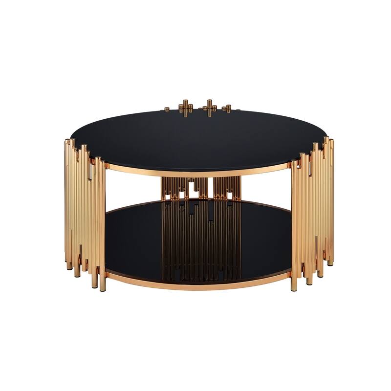 Chic Open Storage Coffee Table with Tempered Glass and Sturdy Metal Base