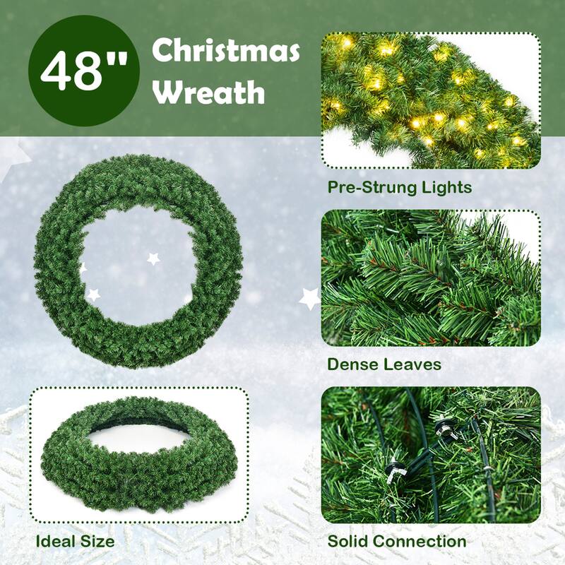 Gymax 48'' Pre-Lit Artificial Christmas Wreath Holiday Decoration w/ - See Details