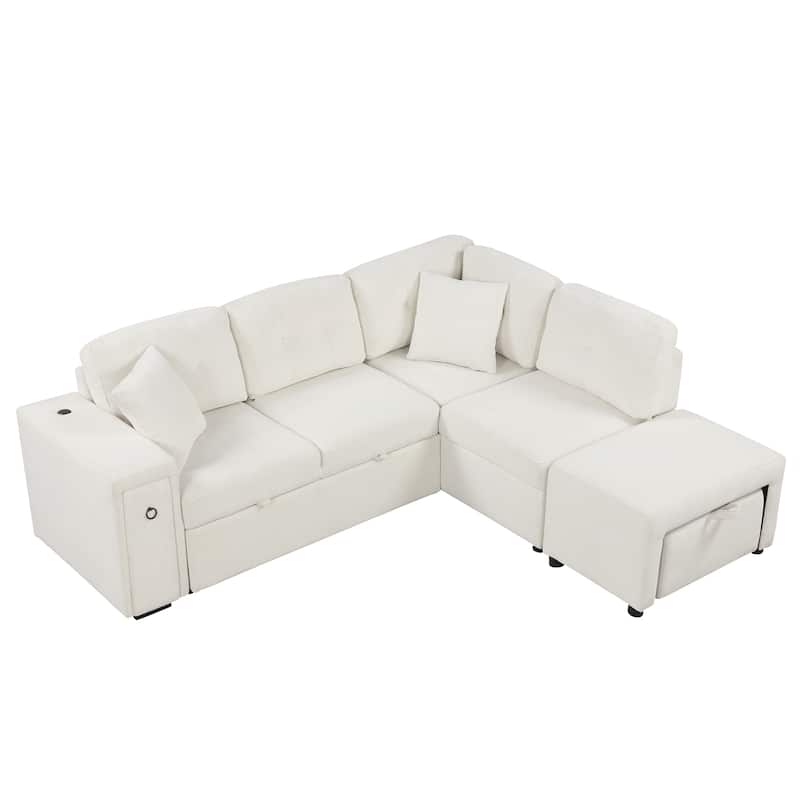 86.6" L-Shaped 4-Seat Sectional Sofa with Pull-Out Bed, Movable Ottoman, USB Ports, and Drop-Down Table Cup Holder