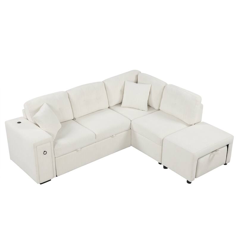 Beige 86.6" L-Shaped 4-Seat Sectional Sofa with Pull-Out Bed, Movable Ottoman, USB Ports, and Cup Holder Drop-Down Table