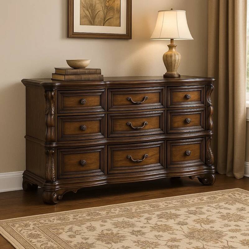 Leova Wide Dresser, 9 Drawers, Ornate Molding, Brown Asian Hardwood