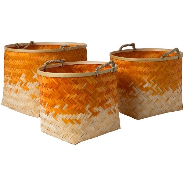 Set of 3 Orange and Beige Weave Patterned Bamboo Basket Tabletop Decoration 18.9” - N/A