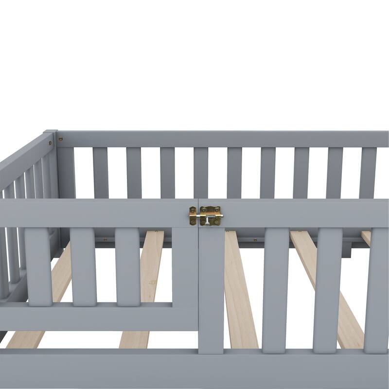 Twin/Full/Queen Size Floor Bed w/Door & Fence,Montessori Floor Bed for Kids,Solid Wood Twin/Full/Queen Bed Frame for Girls Boys