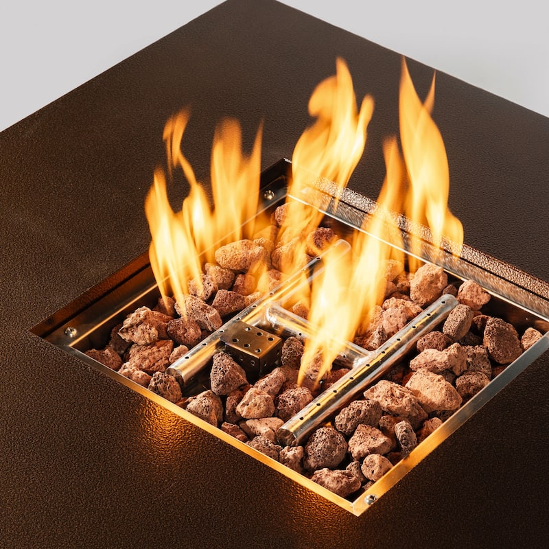 GDFStudio - Hayden 28-Inch Square Propane Fire Pit Table with Stainless Steel Lid and Dual-Use Dining Top