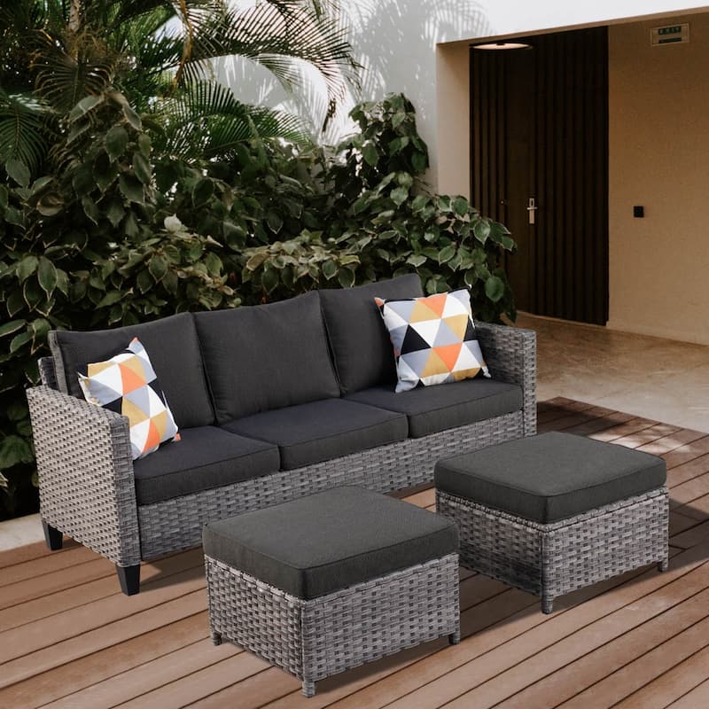 OVIOS 3-piece Outdoor Wicker Conversation Ottoman Set