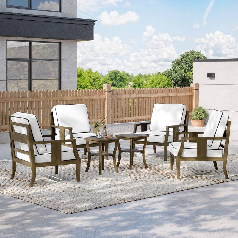 6-piece Outdoor Teak Seating Set Club Chairs with Cushions - Naturalframe-Beige - Natural Frame