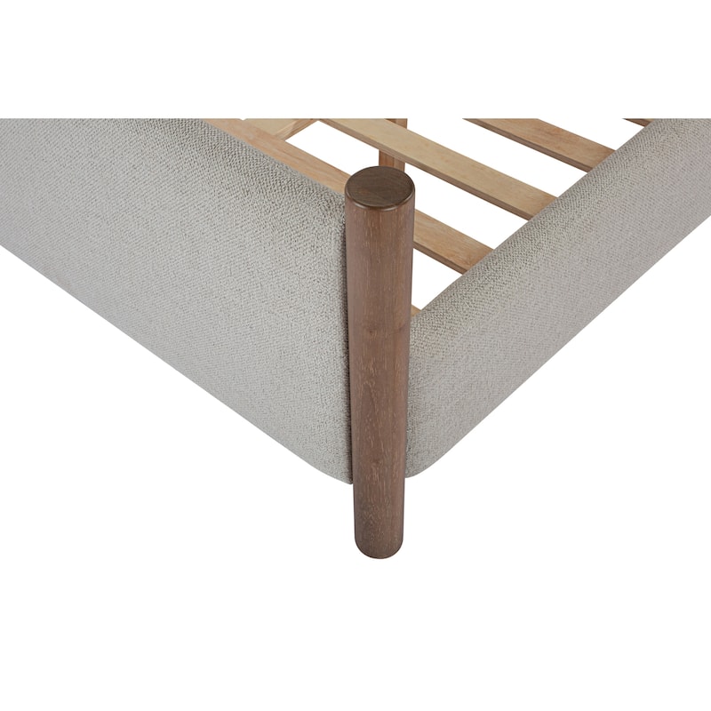 NADAAL STUDIOS Mirelda Beige Upholstered King Four-Poster Bed with Rustic Rubberwood Legs